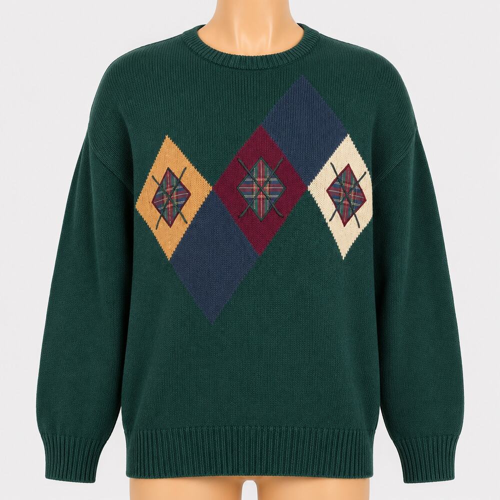 Vintage Lord & Taylor Green Argyle Crewneck Sweater Men's 2XL 100% Cotton